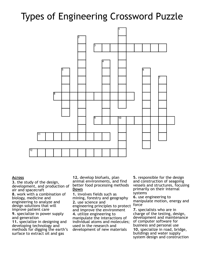 Types of Engineering Crossword Puzzle