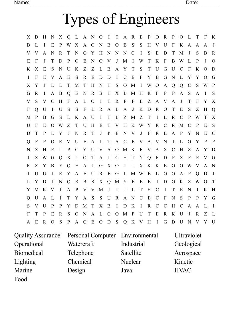 Types of Engineers Word Search