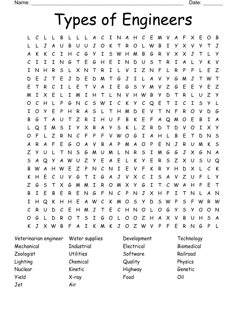 Types of Engineers Word Search
