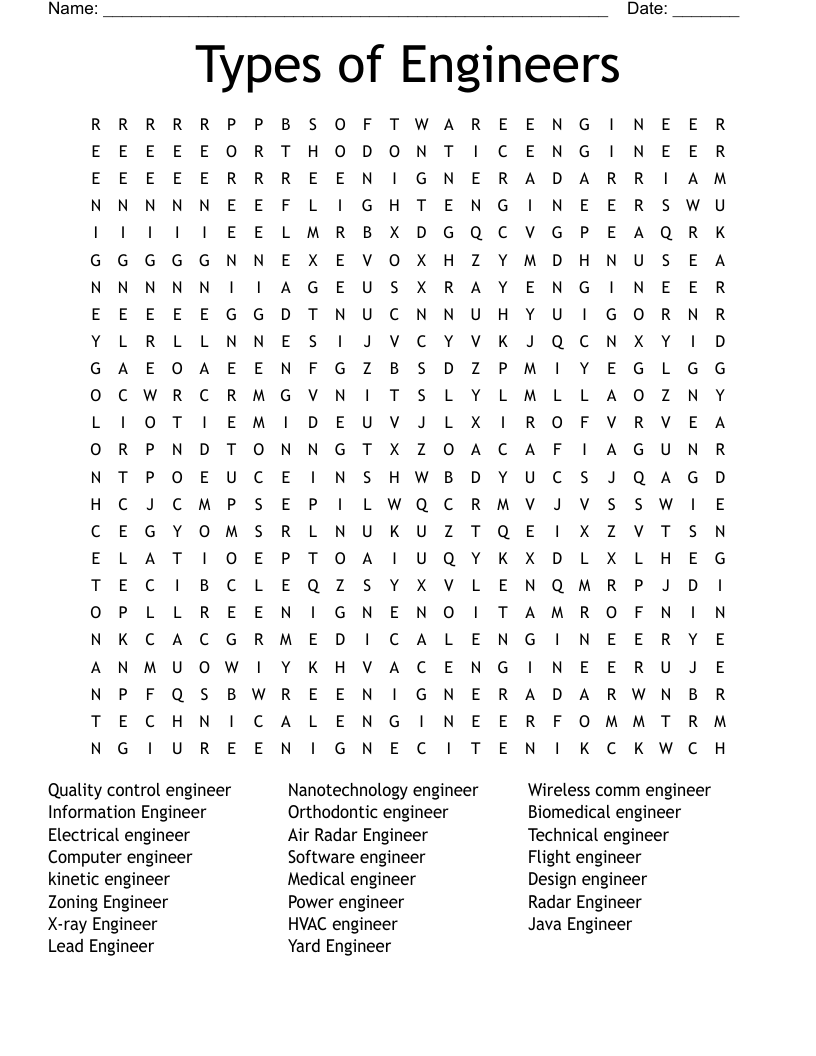 Types of Engineers Word Search