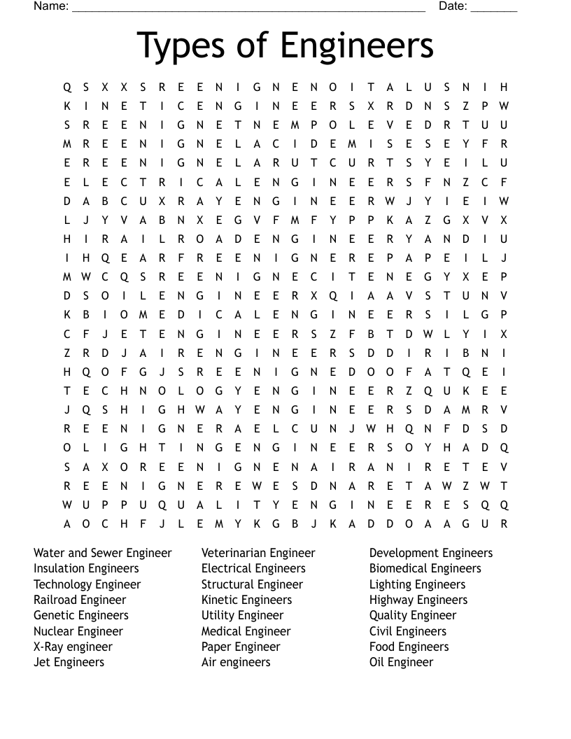 Types of Engineers Word Search