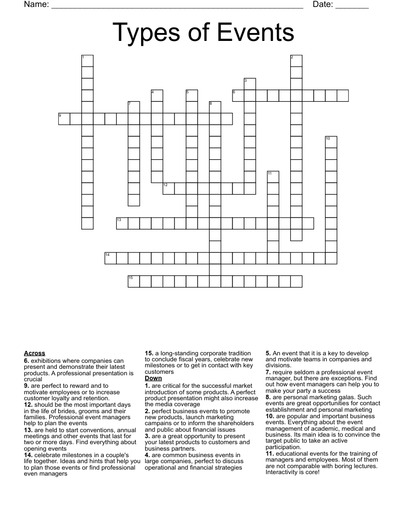 Types of Events Crossword