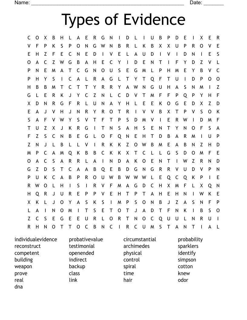 Types of Evidence Word Search