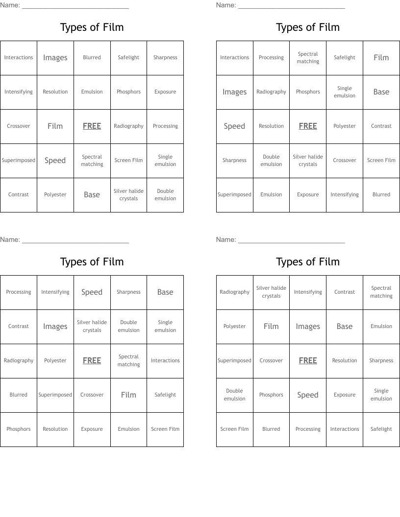 Types of Film  Bingo Cards