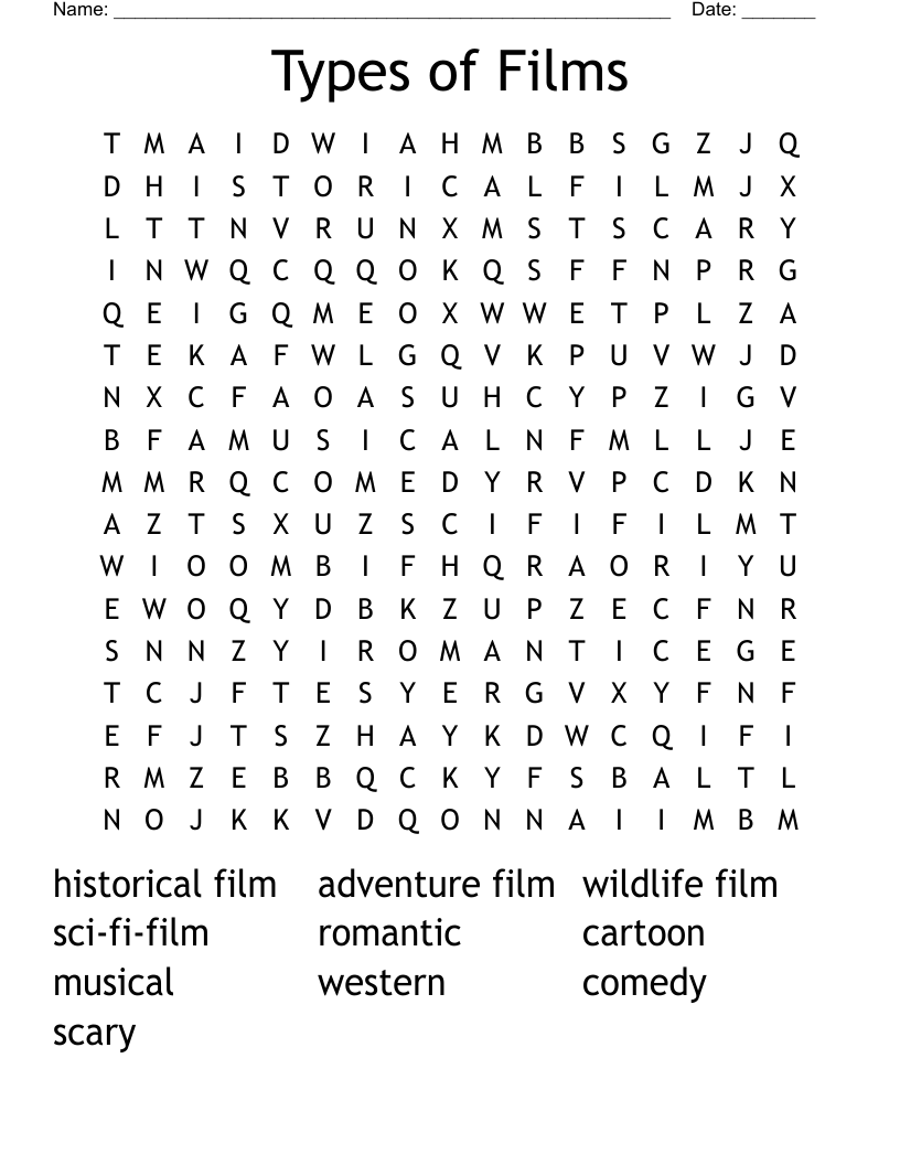 Types of Films Word Search
