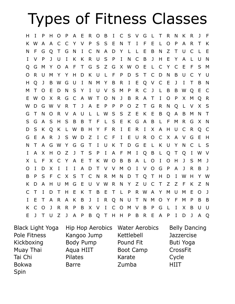 Types of Fitness Classes Word Search