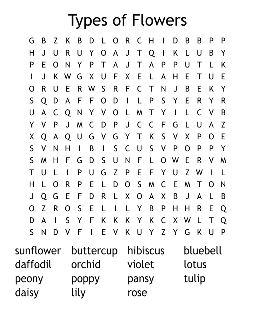Types of Flowers Word Search