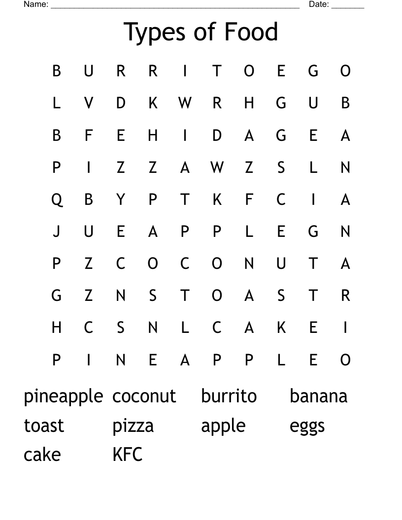 Types of Food Word Search