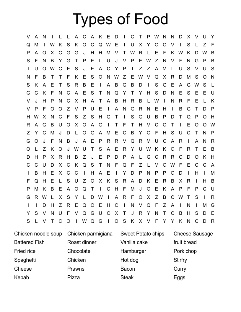 Types of Food Word Search