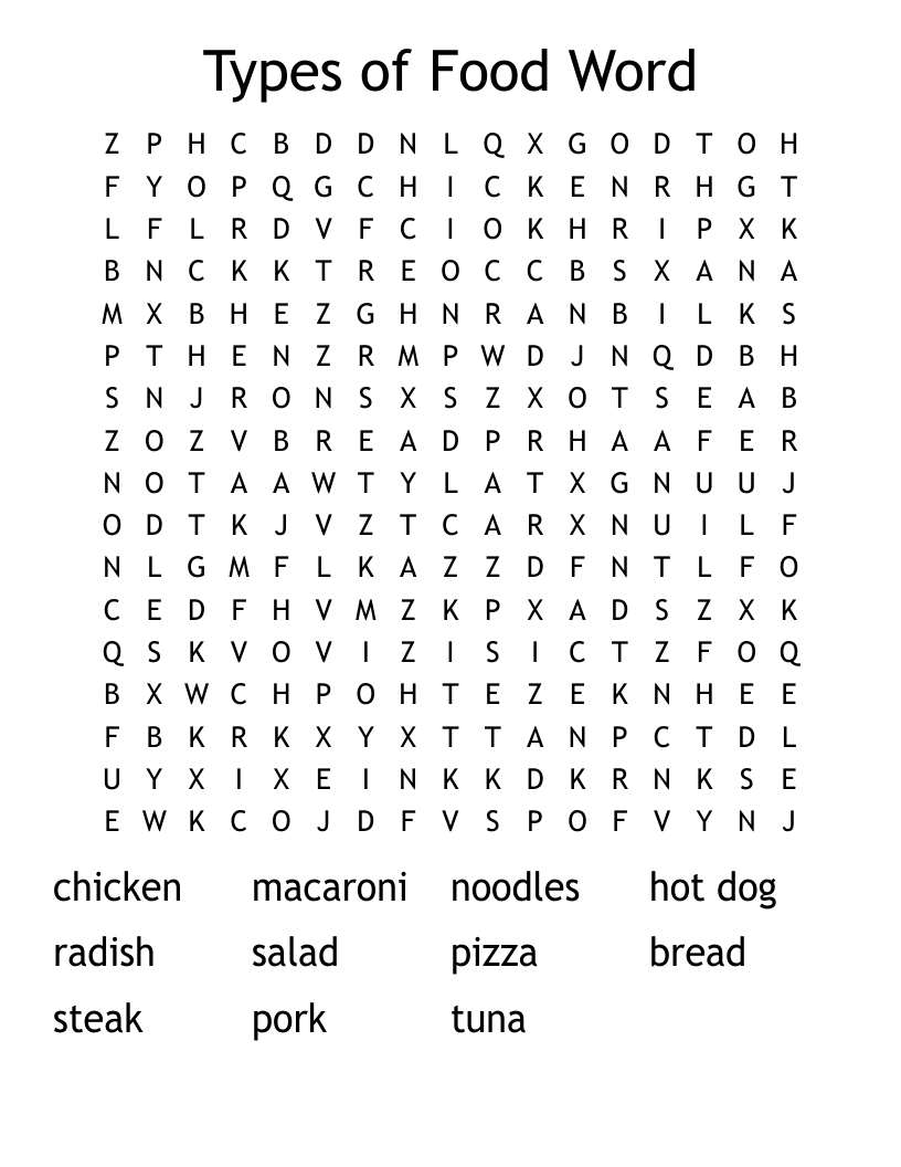 Types of Food Word  Word Search