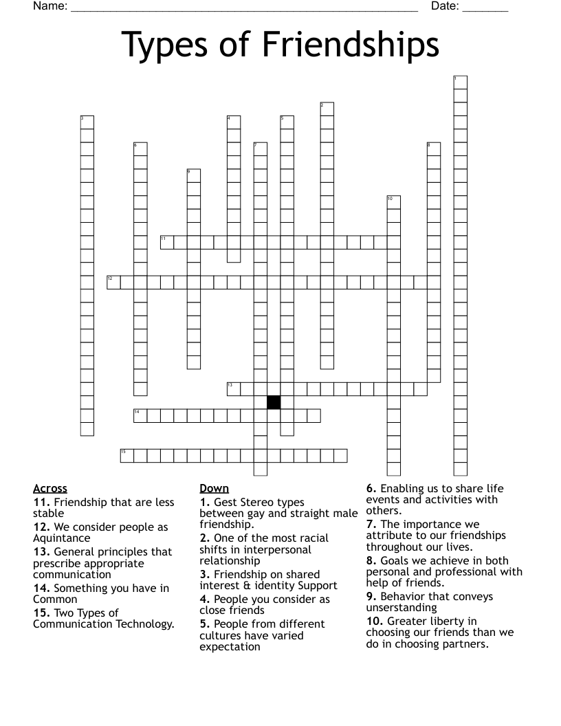 Types of Friendships Crossword