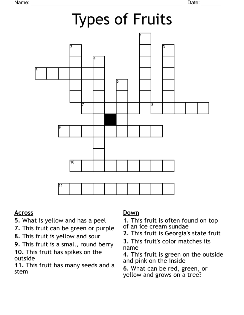 Types of Fruits Crossword