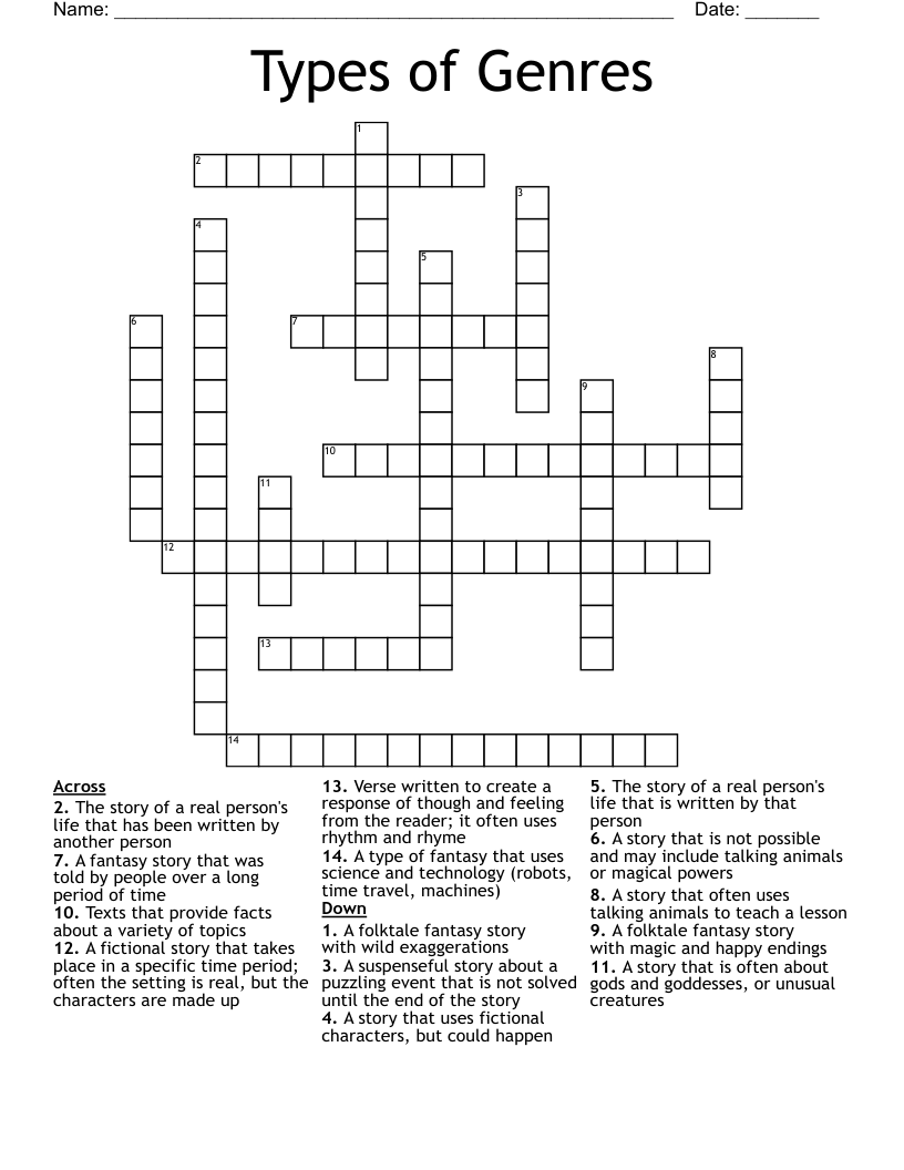 Types of Genres Crossword