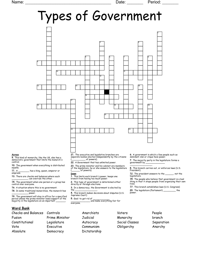 Types of Government Crossword