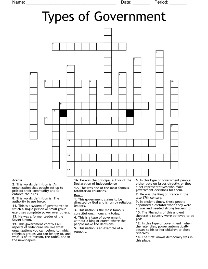 Types of Government  Crossword