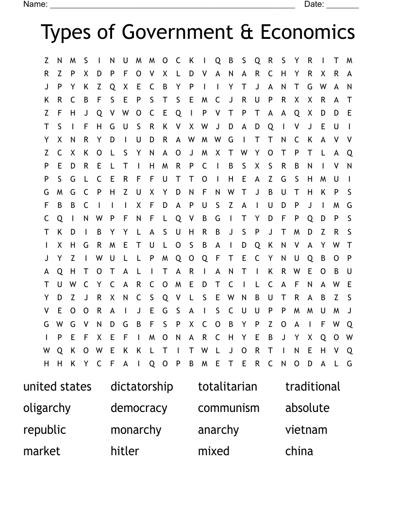 Types of Government & Economics Word Search