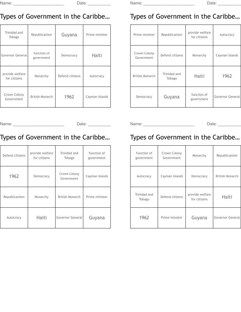 Types of Government in the Caribbean Bingo Cards