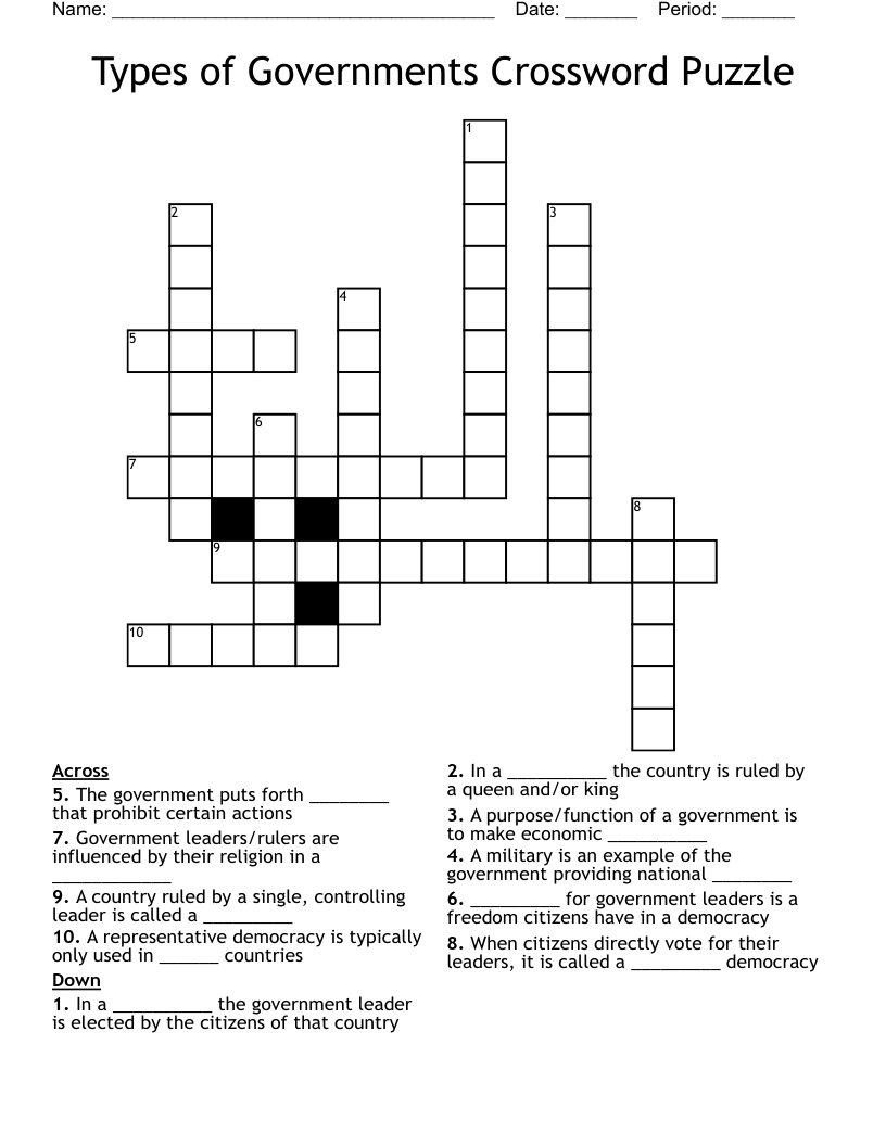 Types of Governments Crossword Puzzle