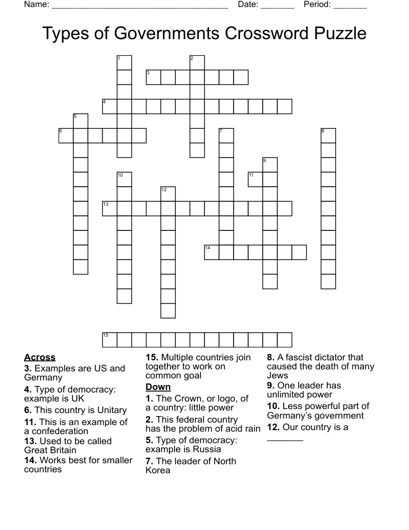 Types of Governments Crossword Puzzle