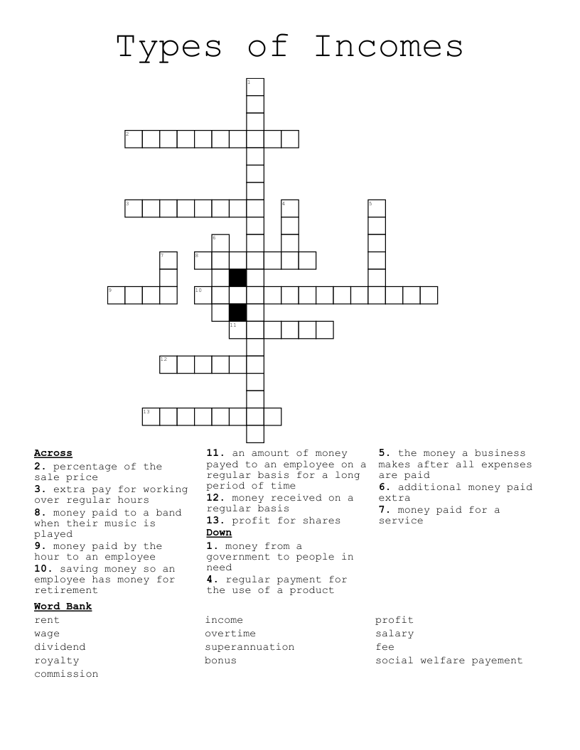 Types of Incomes Crossword
