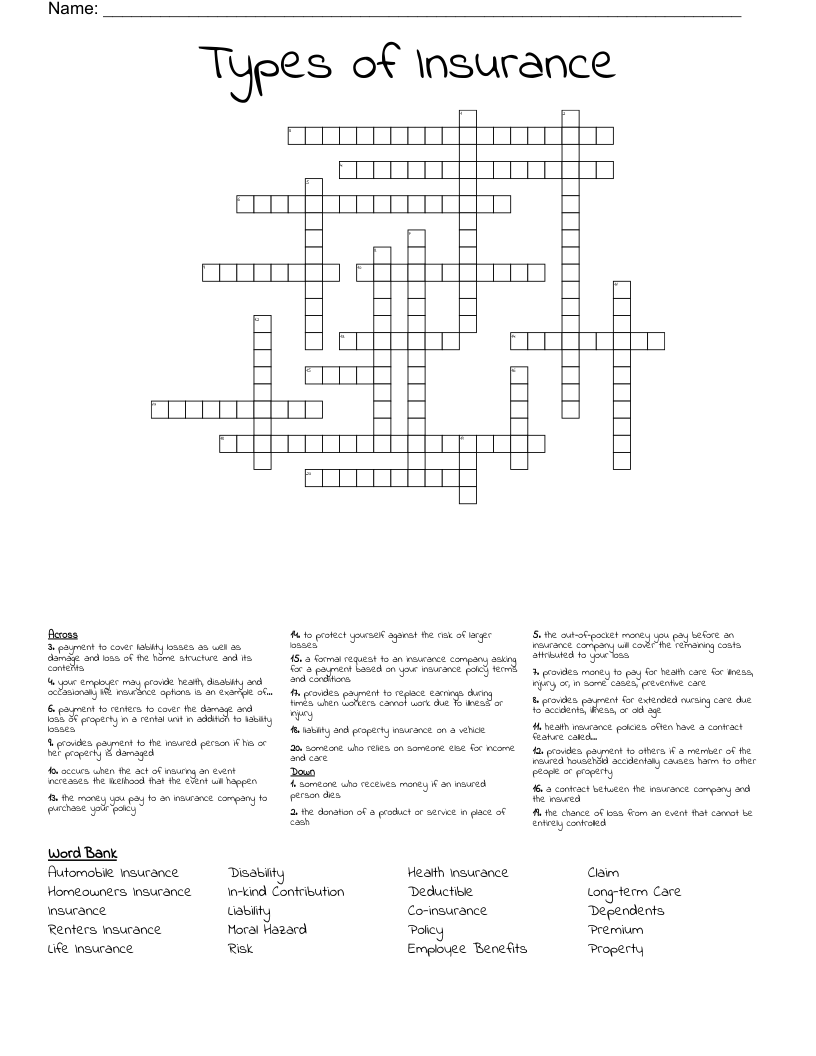 Types of Insurance Crossword