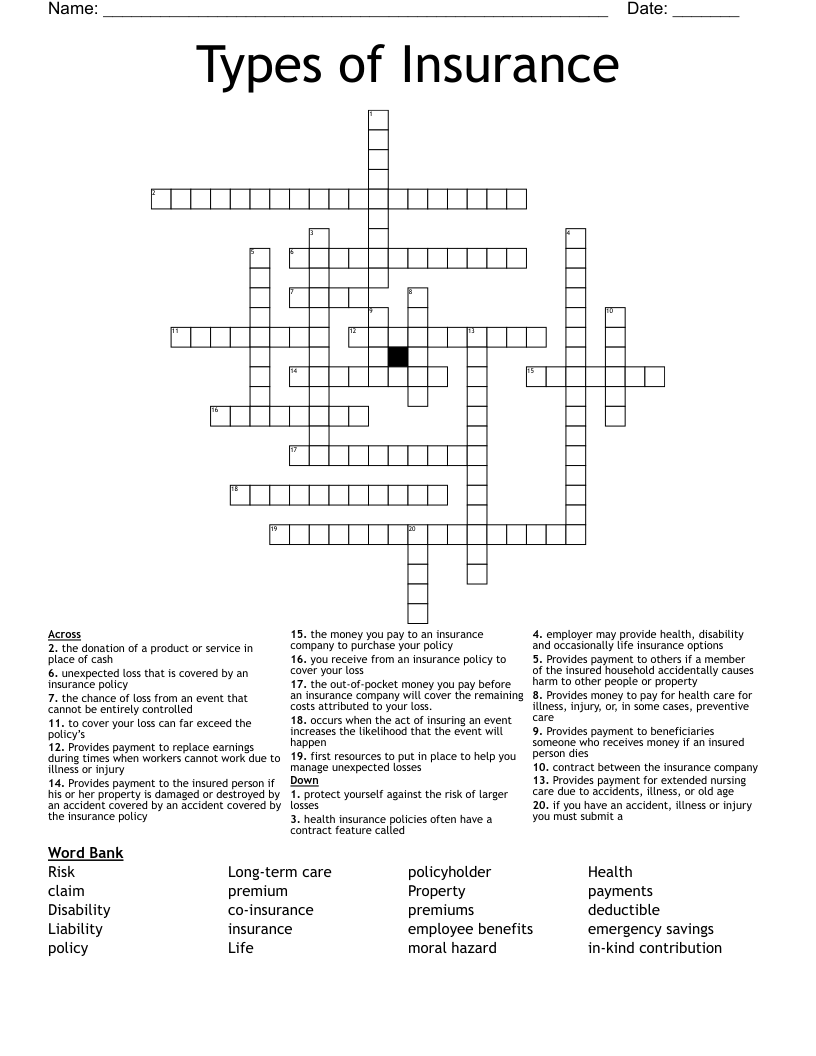 Types of Insurance Crossword