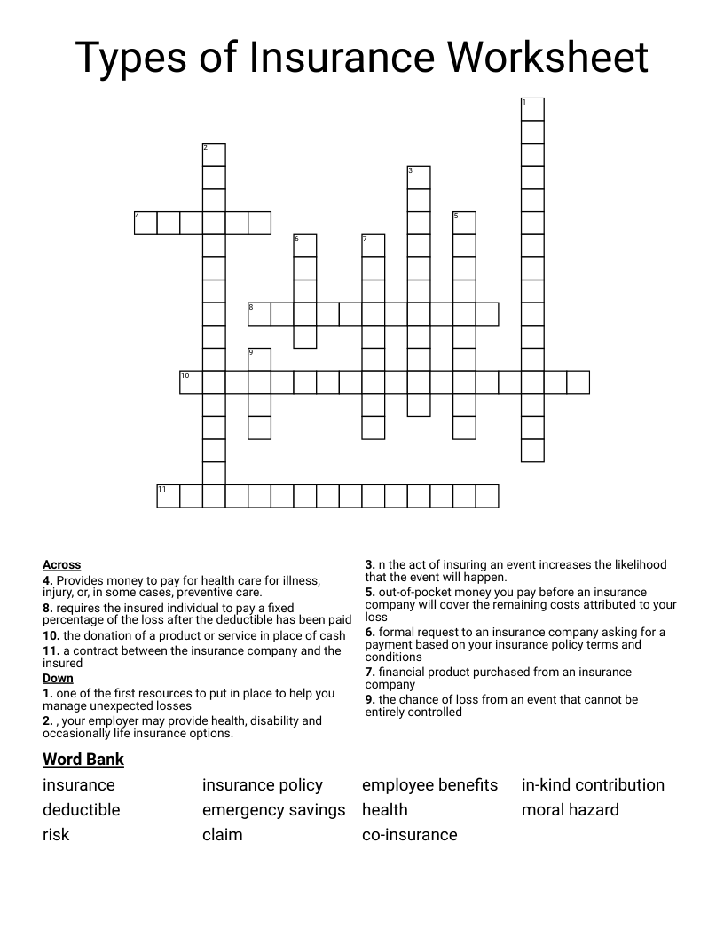 Types of Insurance Worksheet Crossword