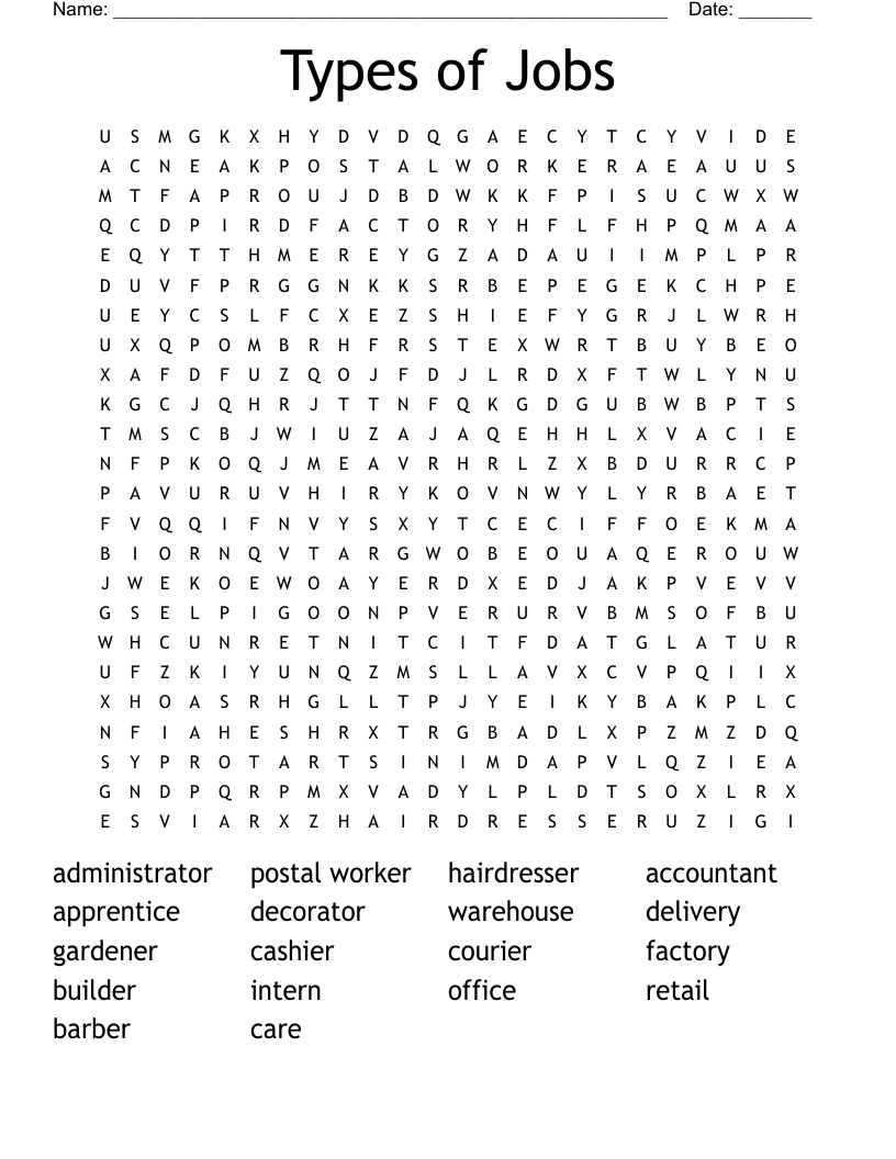 Types of Jobs Word Search