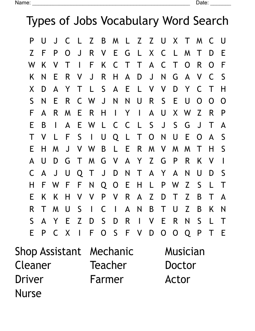 Types of Jobs Vocabulary Word Search