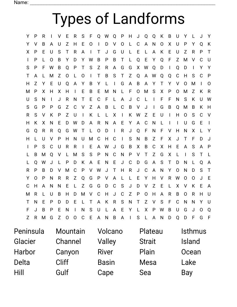 Types of Landforms Word Search