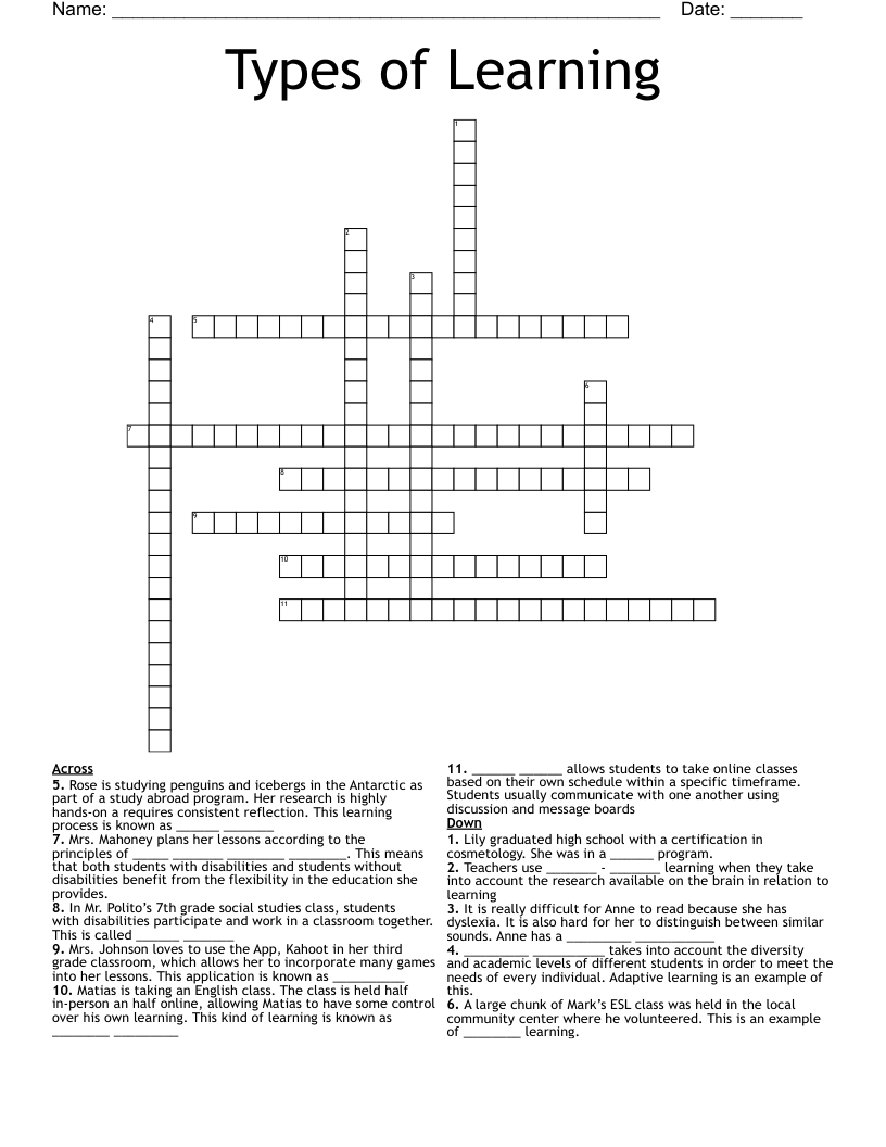 Types of Learning Crossword