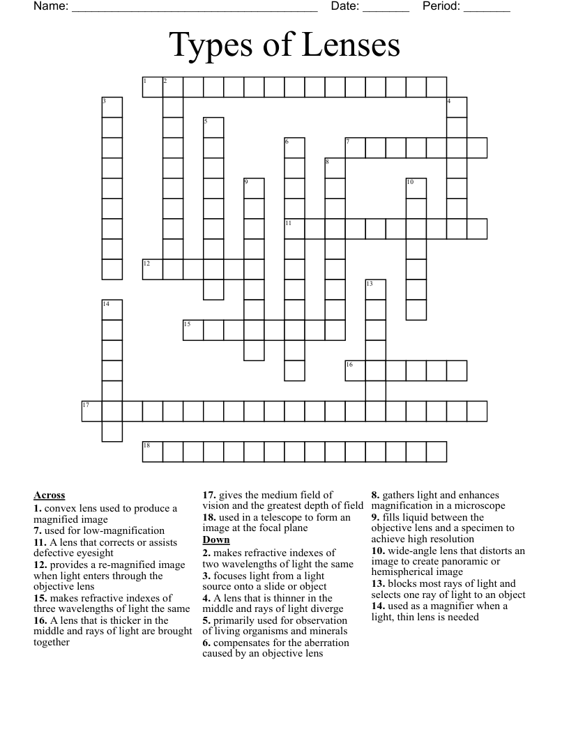 Types of Lenses Crossword