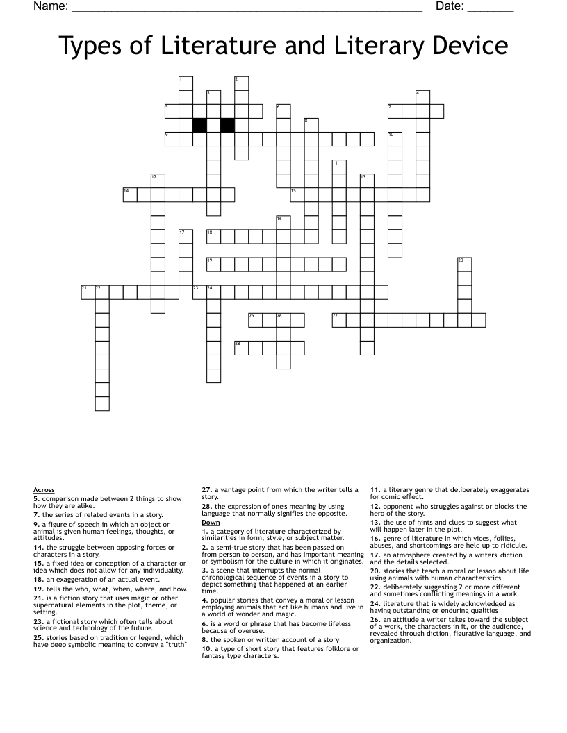 Types of Literature and Literary Device Crossword