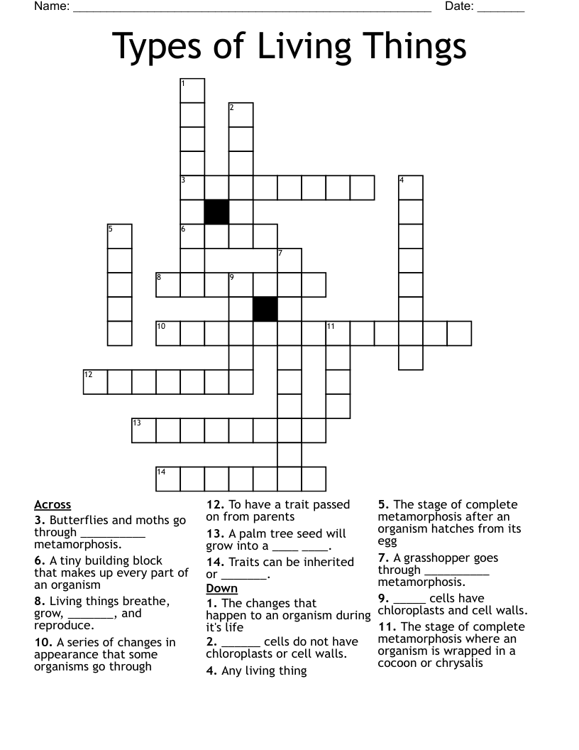 Types of Living Things Crossword