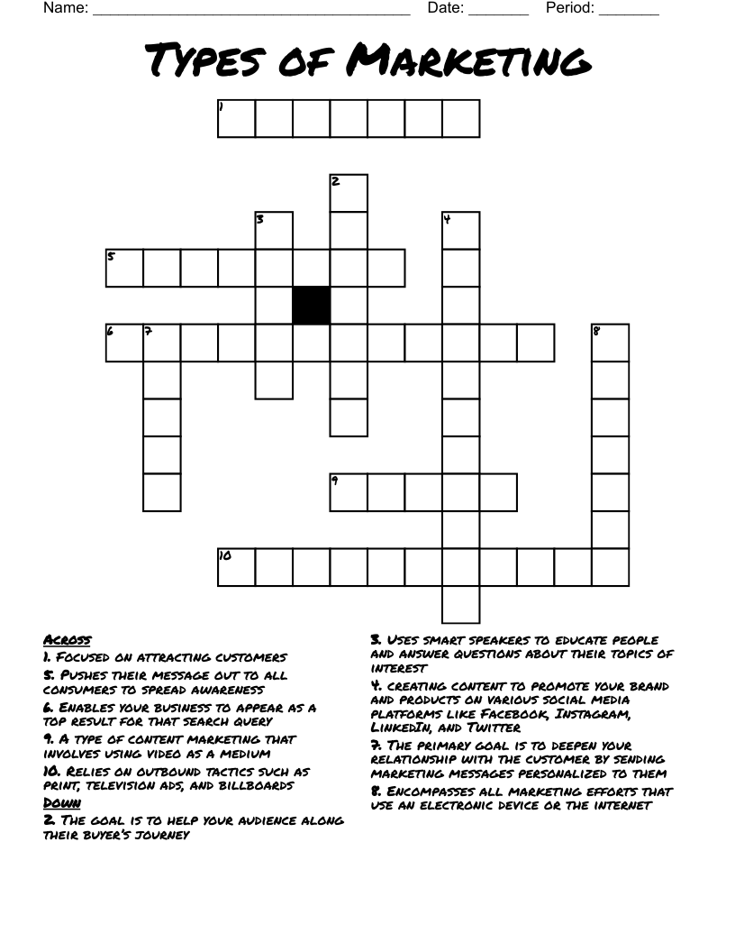 Types of Marketing Crossword