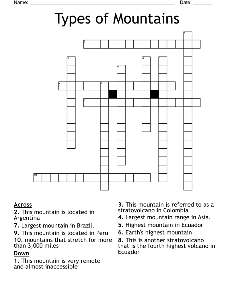 Types of Mountains Crossword