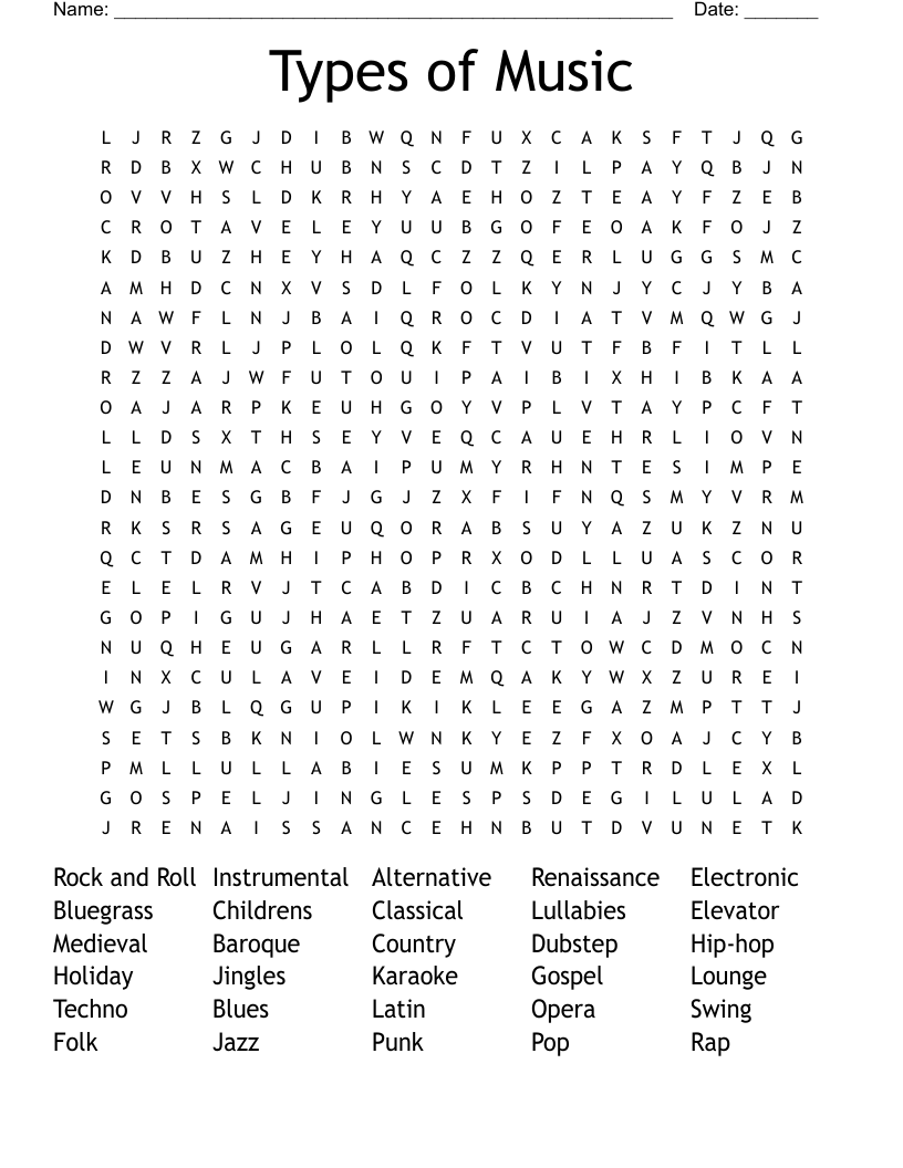 Types of Music Word Search