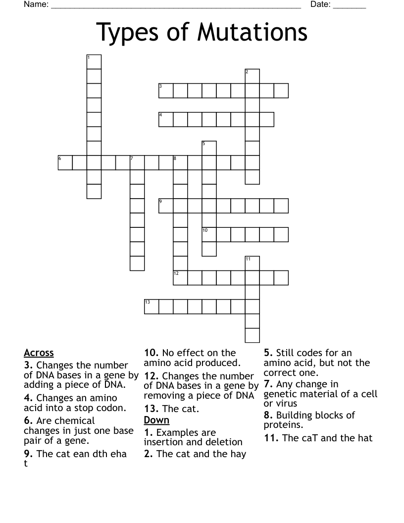 Types of Mutations Crossword