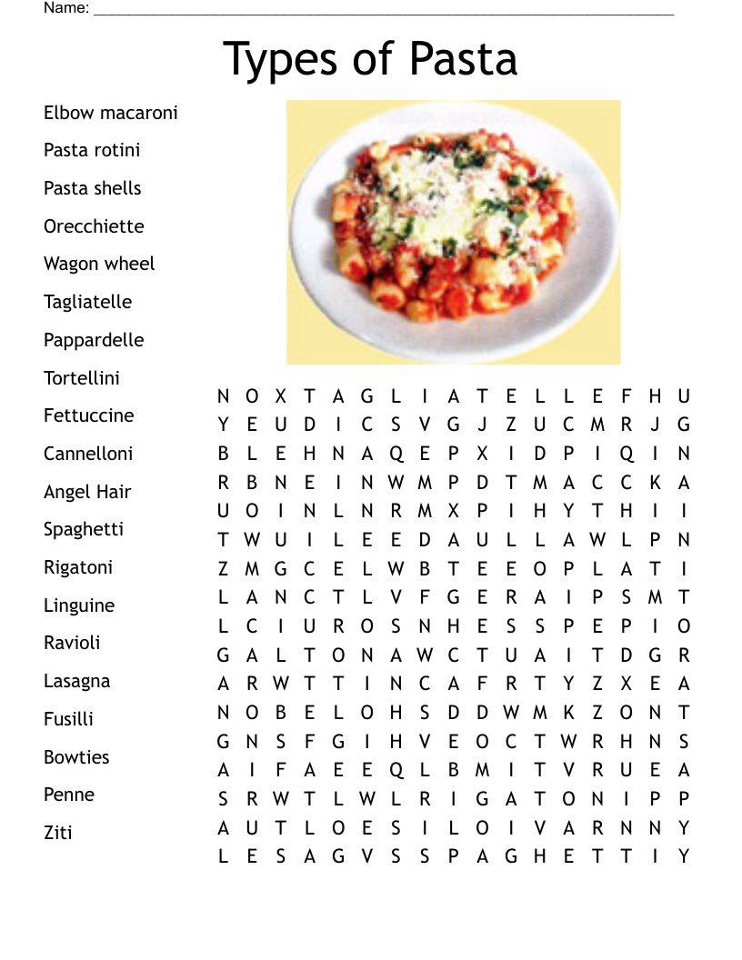 Types of Pasta Word Search