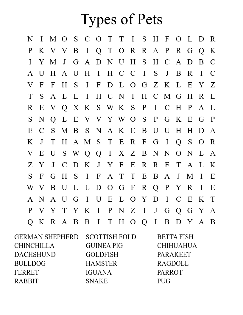 Types of Pets Word Search
