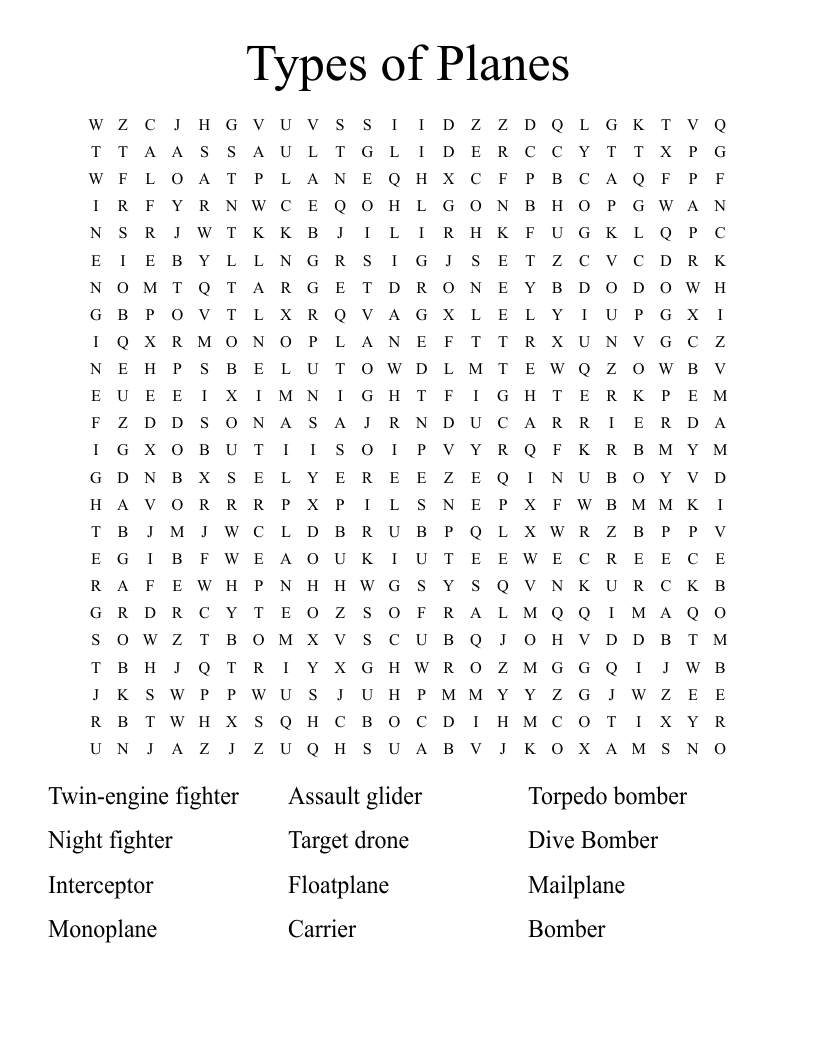 Types of Planes Word Search