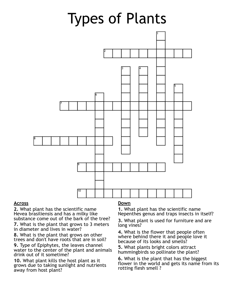 Types of Plants Crossword