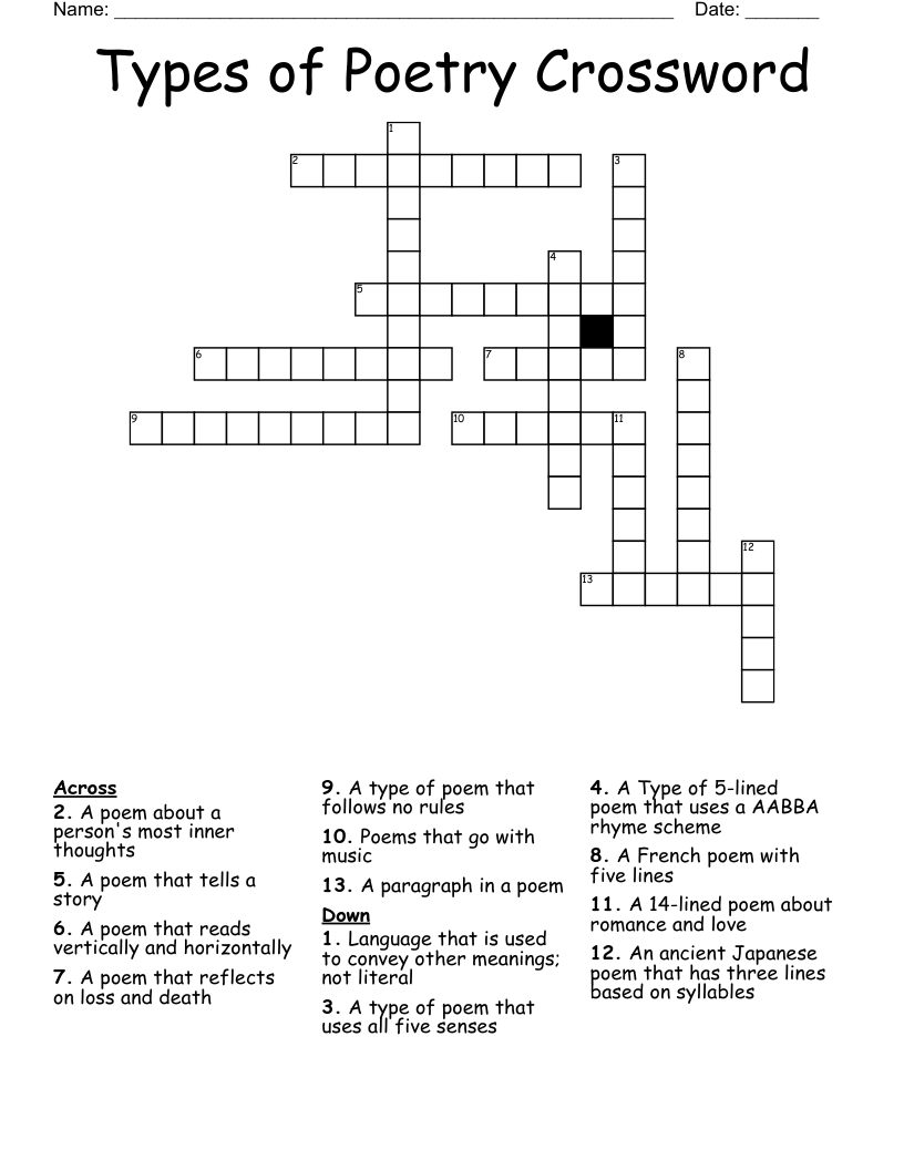 Types of Poetry Crossword
