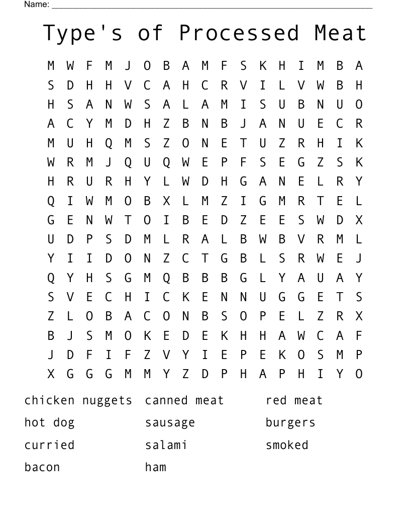 Type's of Processed Meat Word Search