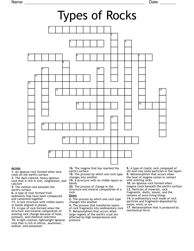 Types of Rocks Crossword