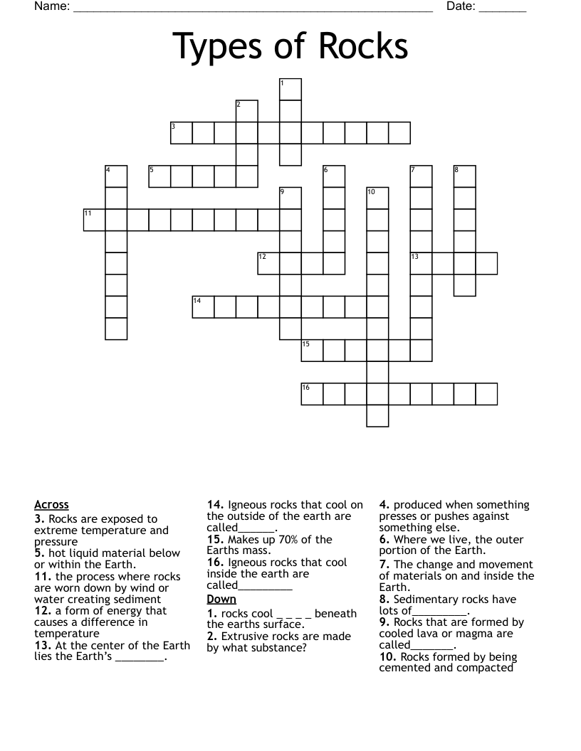 Types of Rocks Crossword