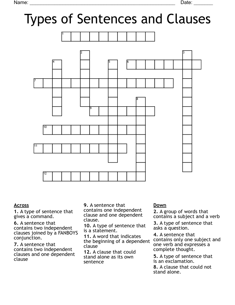 Types of Sentences and Clauses Crossword