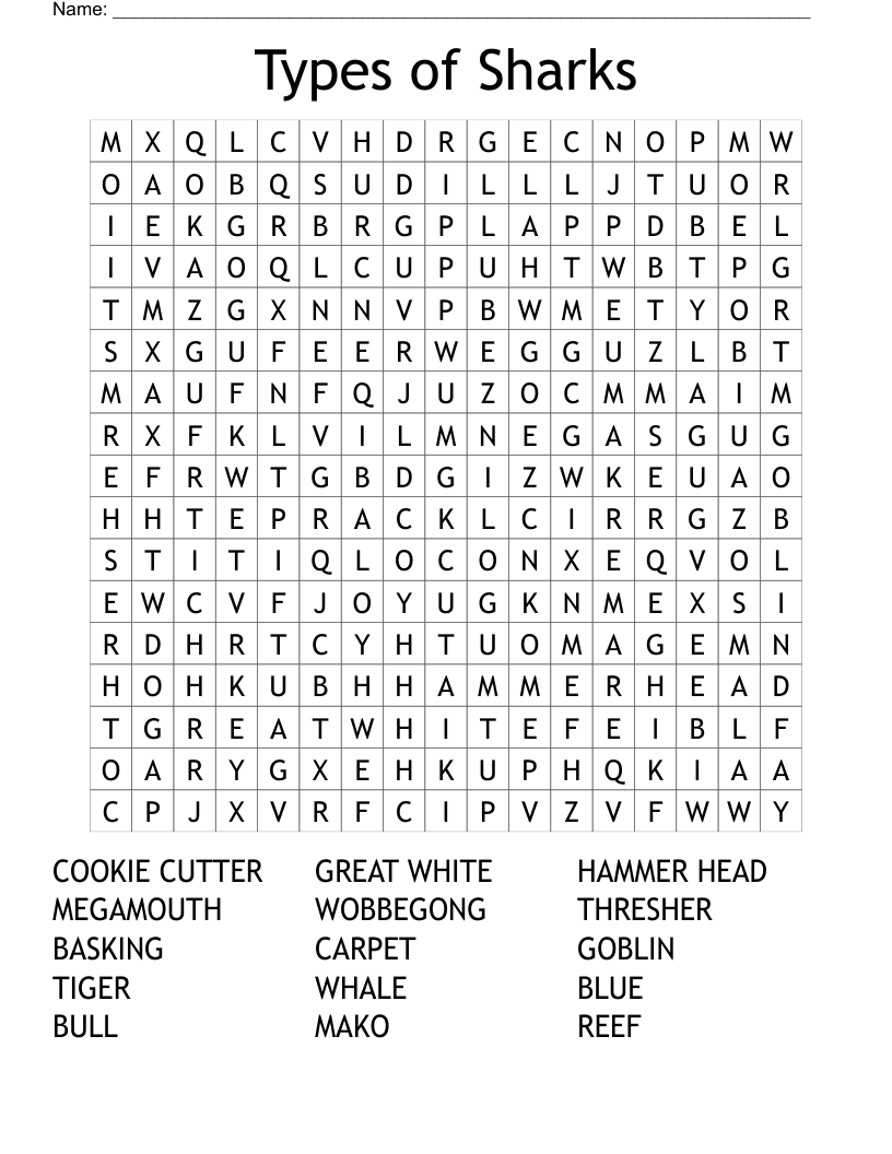 Types of Sharks Word Search