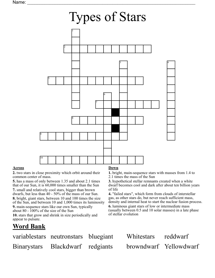 Types of Stars Crossword