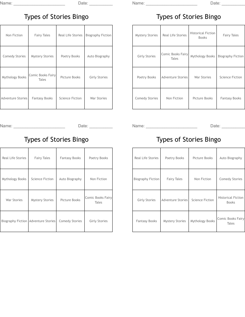 Types of Stories Bingo